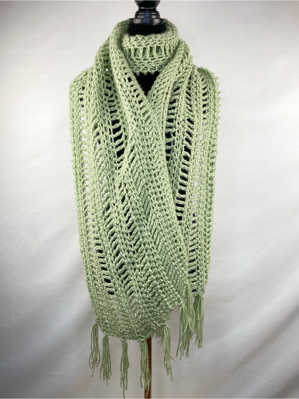 Handmade Boho Cottagecore Sage Green Open Knit Crochet Fringe Scarf